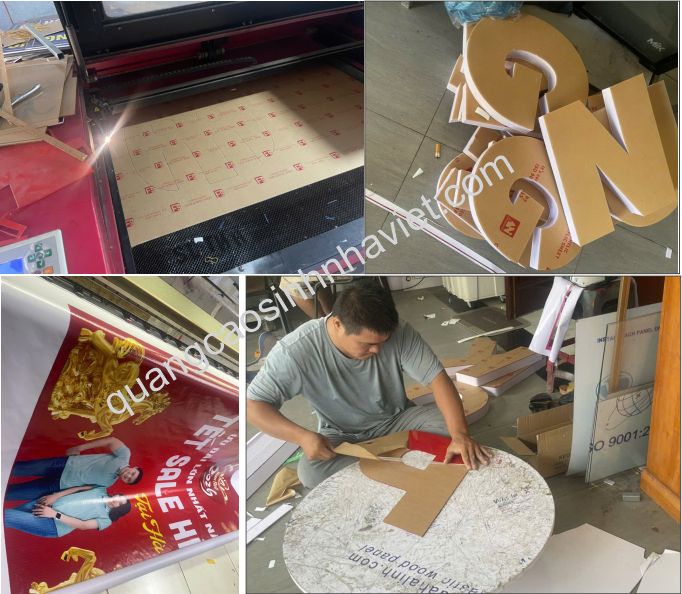 Máy cắt chữ laser và công nhân đang uốn chữ để làm bảng hiệu quảng cáo tại Nhơn Trạch